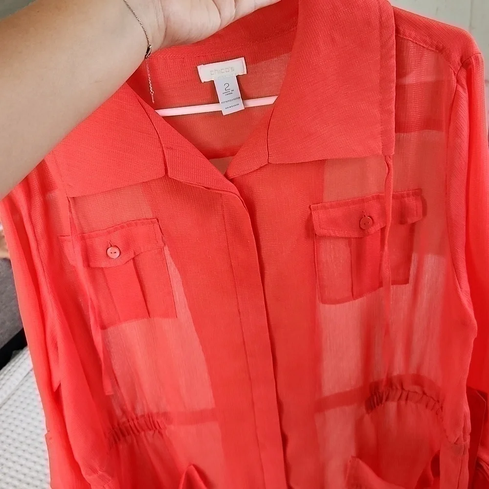 Chicos Sheer Shacket Traveling Coral orange size 2 Large 8/10 Lagenlook Fall - Picture 10 of 10